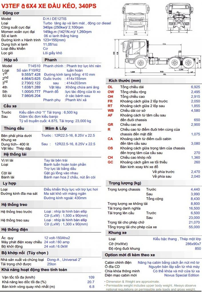 Thông số kỹ thuật Xe Đầu Kéo Daewoo 340PS